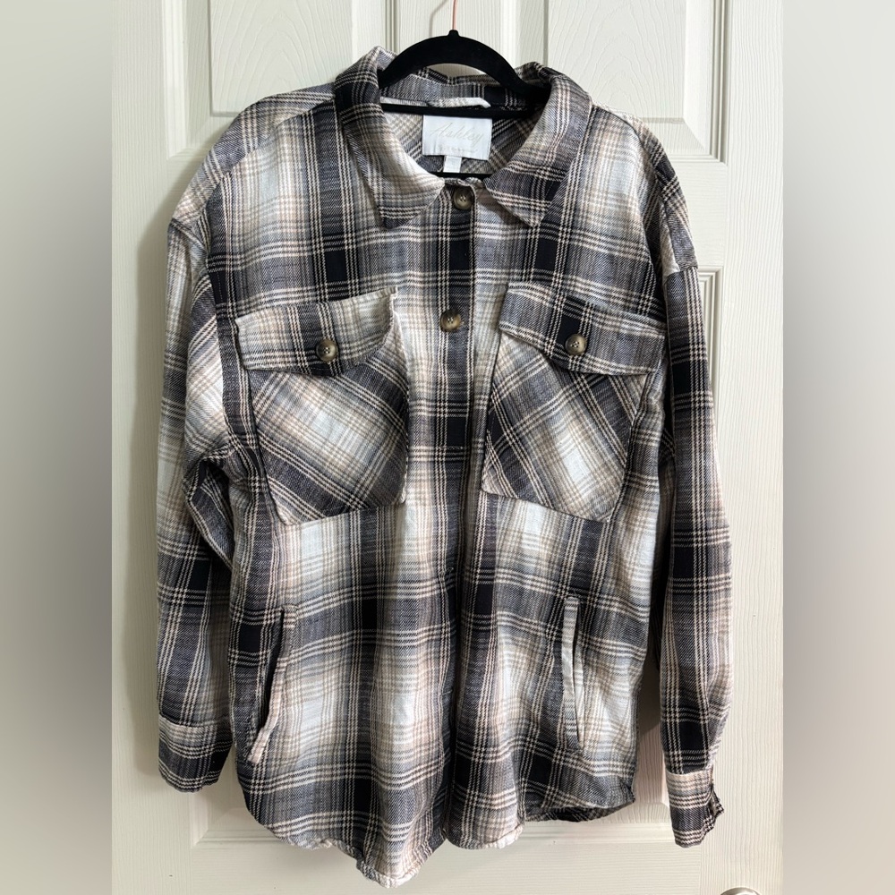 Ashley By 26 International Plaid Button Down Shacket Flannel Black, Gray & Beige